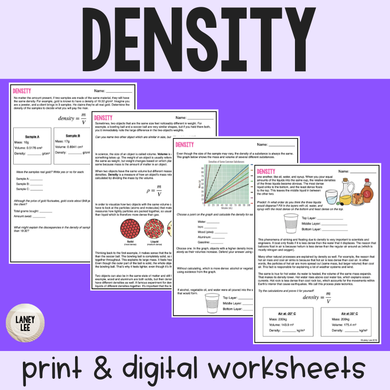 Density Guided Reading Worksheet PDF Digital Laney Lee