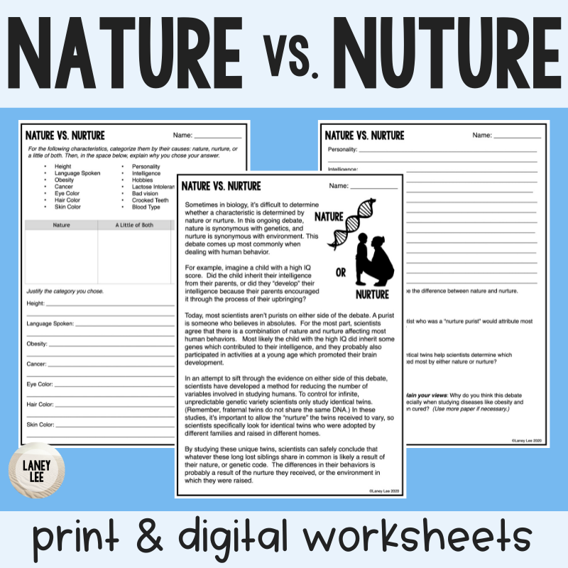 Nature vs. Nurture - Reading Comprehension Worksheets Worksheet - Laney Lee