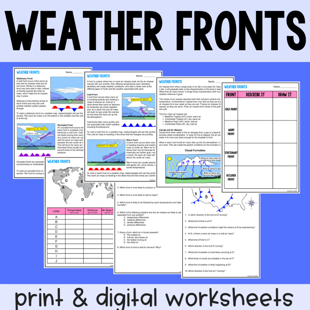 weather fronts guided reading worksheets
